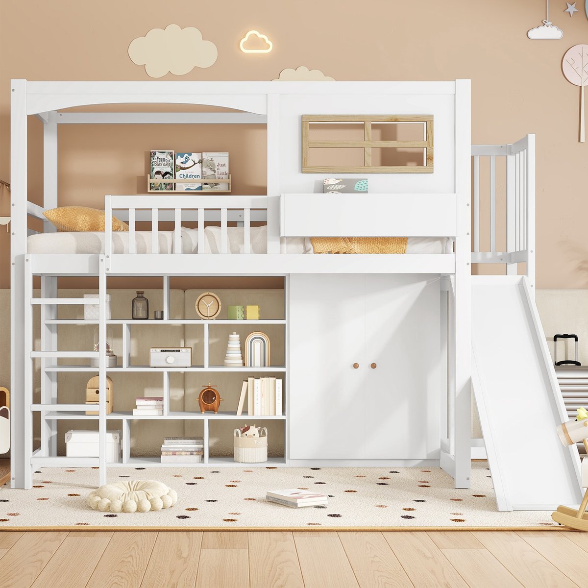 Houten stapelbed met glijbaan en kledingkast - Speel- en slaapavontuur voor kinderen - 90x200 cm, 2 personen - Wit - EN747 gecertificeerd - Inclusief planken en vier-trede ladder