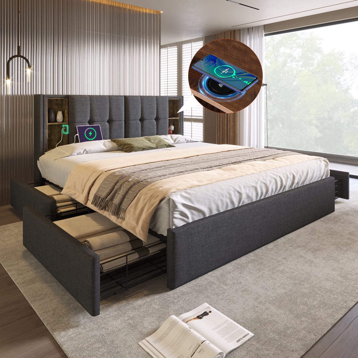 Gestoffeerd bed - Draadloos laden en USB-C - 160x200 cm voor 2 personen - Grijs linnen - 4 opberglades en hoofdeinde met opbergvakken - Stabiel metalen frame tot 200 kg - Inclusief lattenbodem