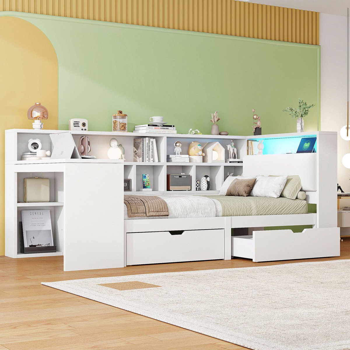 L-vormig bed 90x200 cm - Geïntegreerd bureau en boekenplank, LED-verlichting - 1 persoon - Wit - Ruimtebesparend hoekdesign - Opberglades onder het bed - Gestoffeerd hoofdeinde