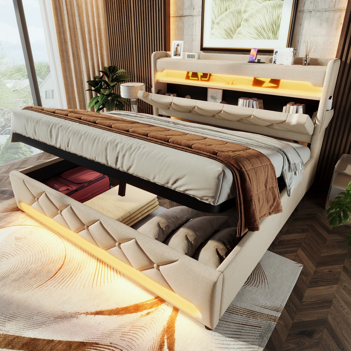 Gestoffeerd opbergbed - 360° Surround LED en USB-C snelladen - 180x200 cm voor 2 personen - Beige linnen - Hydraulische opbergruimte en opbergvakken in hoofdeinde - App en afstandsbediening