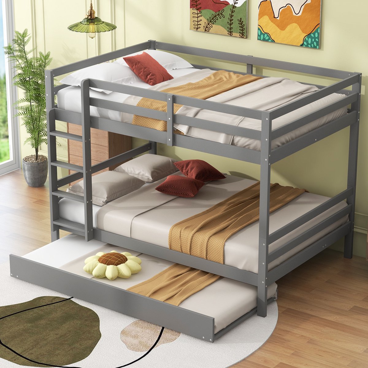 Stapelbed met uitschuifbed - 3 slaapplaatsen voor kinderkamer of logeerbed - 140x200 cm (boven- en onderbed) + extra bed - Grijs - Hoge veiligheidsrekken en stevige opstaptrap - Robuust grenenhouten frame