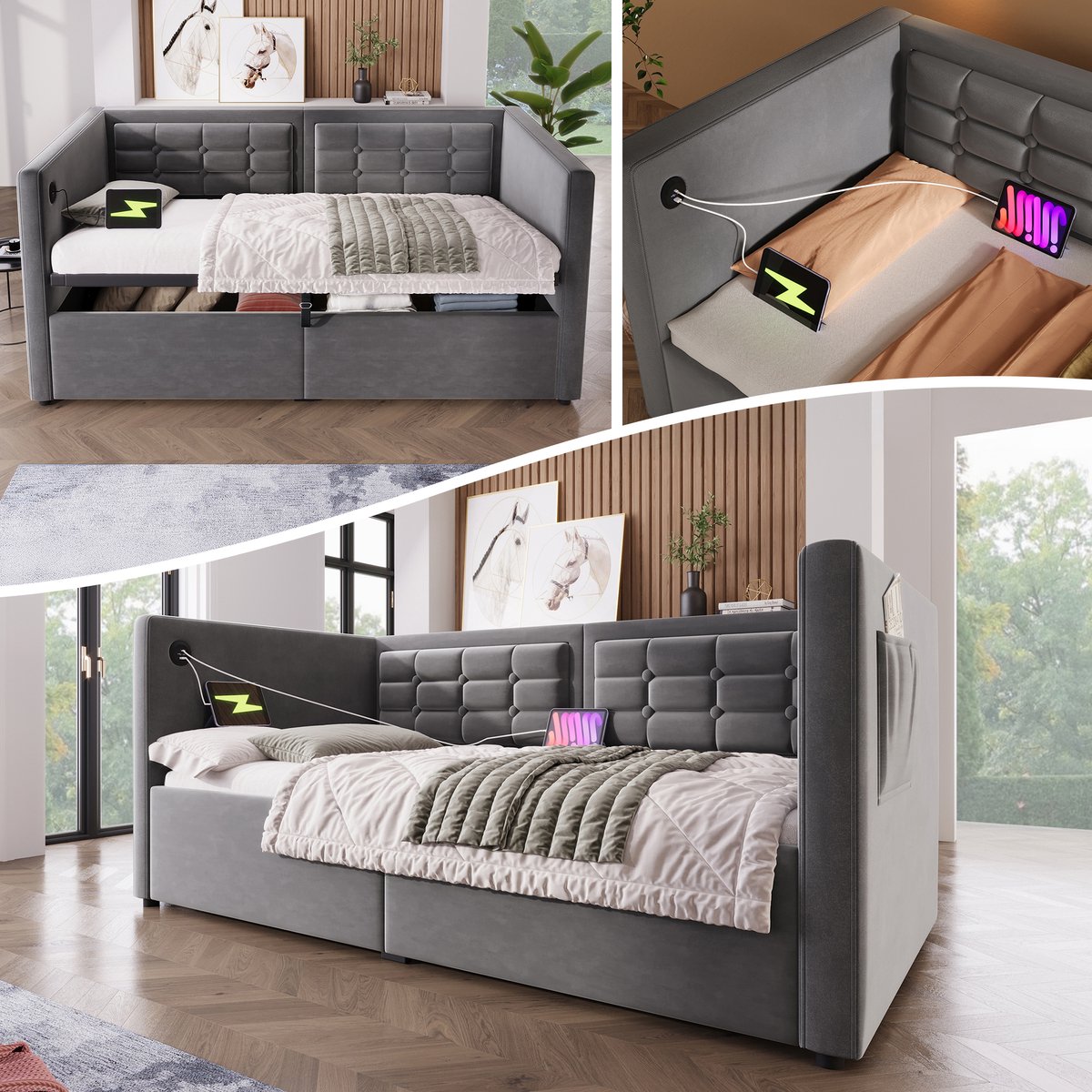 Gestoffeerde slaapbank met hydraulische opberging en USB-C - 90x200 cm eenpersoons - grijs fluweel - zijdelings hefmechanisme en opbergvakken - Chesterfield knopen - houten lattenbodem inbegrepen
