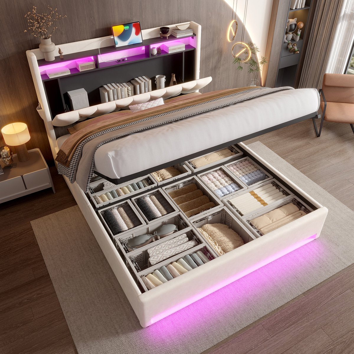 Gestoffeerd opbergbed met LED en USB-C - 160x200 cm tweepersoons - beige fluweel - gasveersysteem en opbergvak in hoofdeinde - draagvermogen 300 kg