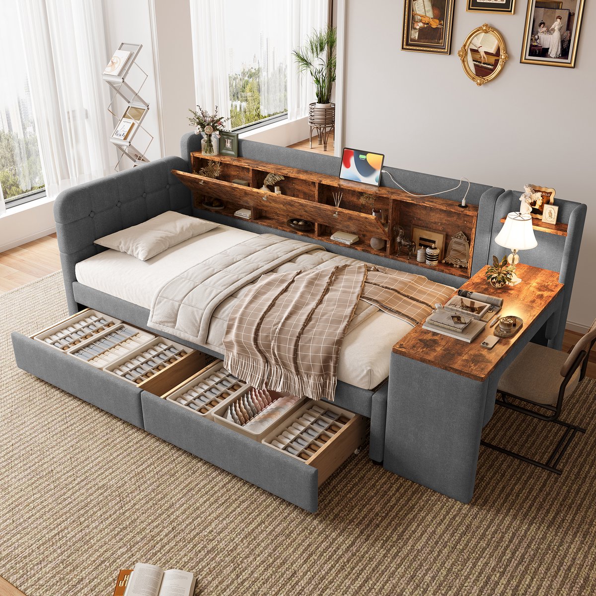 Dagbed slaapbank - met bureau en opbergruimte - 90x200 cm - Grijs linnen - 2 lades en klapbaar opbergvak - USB/Type-C oplaadpoorten - Flexibel te plaatsen bureau - Inclusief lattenbodem