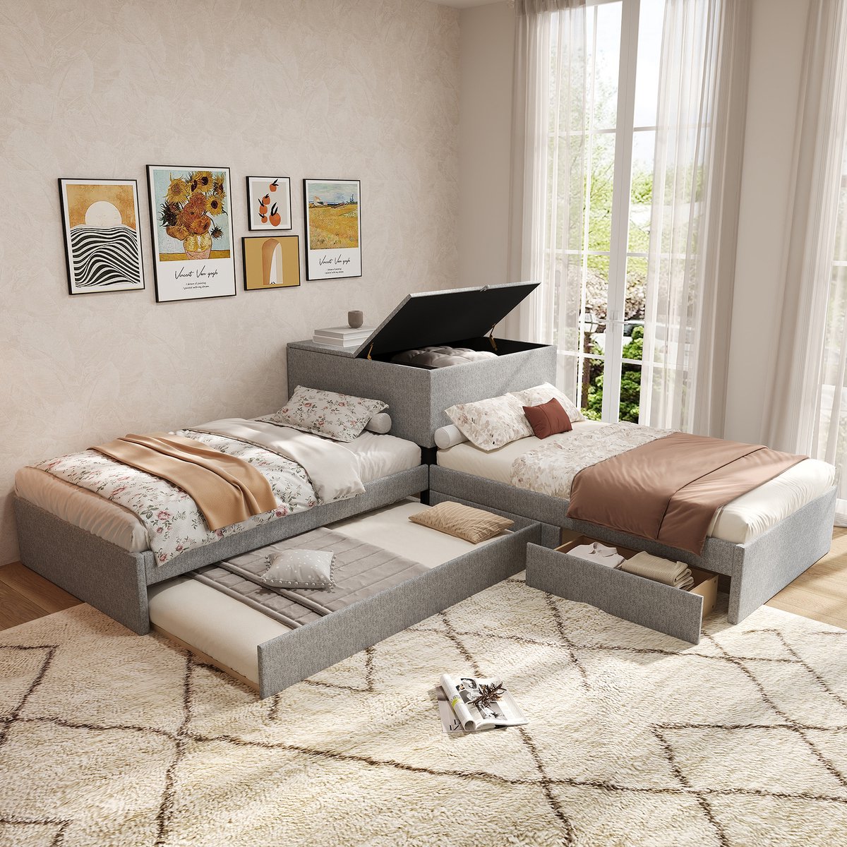 Gestoffeerd hoekbed - 2 eenpersoonsbedden met uitschuifbaar gastenbed - 90x200 cm (als eenpersoons) - grijs linnen - opbergkast en lades - inclusief lattenbodem - ruimtebesparend voor logees