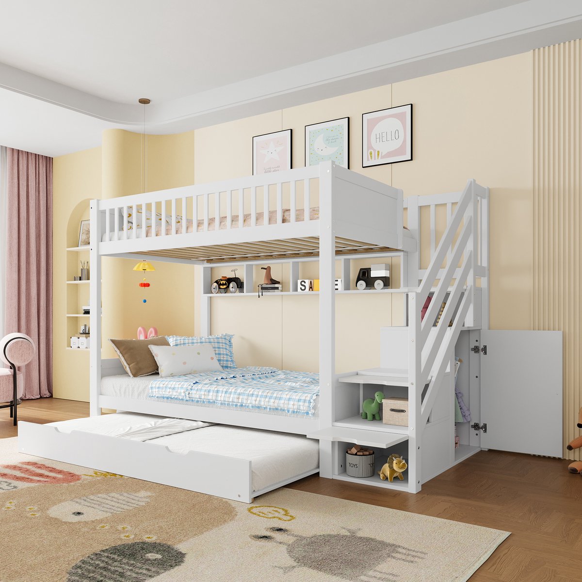 Stapelbed met opbergtrap, kledingkast en uitschuifbed - 90x200 cm - wit - massief grenen en MDF - verborgen opbergvakken in de trap - extra uitschuifbed 90x190 cm - stevig en ruimtebesparend