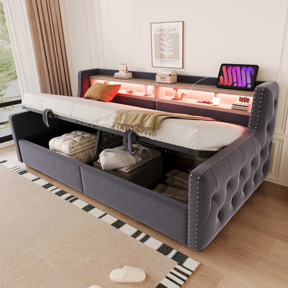 Gestoffeerde slaapbank met hydraulische opberging, LED en USB-C - compact voor logé of tienerkamer - 90x200 cm eenpersoons - donkergrijs fluweel - klinknagels op armleuningen en geïntegreerd laadpaneel - volledige houten lattenbodem inbegrepen