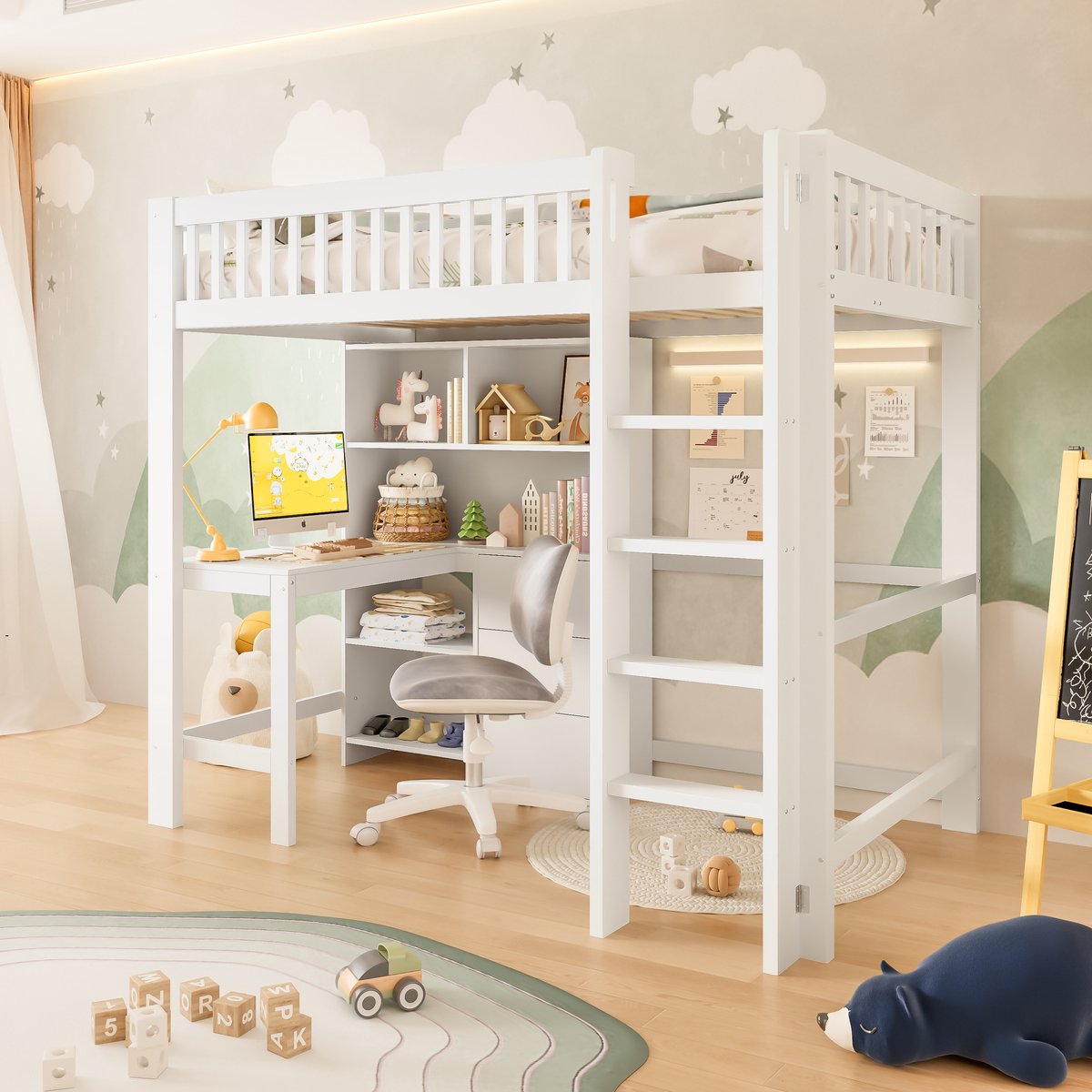 Hoogslaper 90x200 cm - complete slaap- en studeerplek voor de kinderkamer - eenpersoons - wit - bureau met 3 lades en open vakken - hoog veiligheidsrek