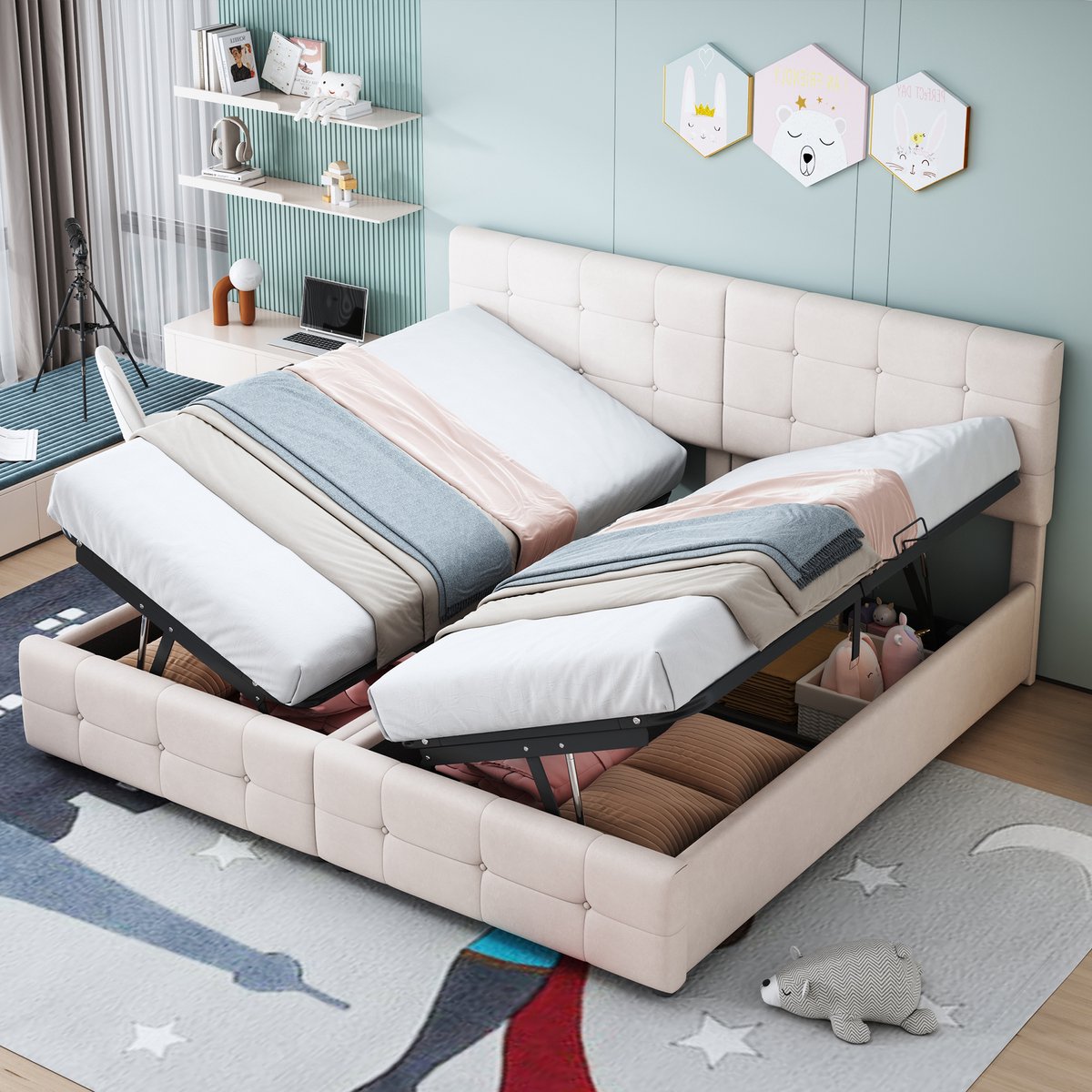 Gestoffeerd bed 180x200 cm - 2-in-1 splitsbaar in twee eenpersoonsbedden - beige - hydraulische opbergruimte - in hoogte verstelbaar hoofdeinde
