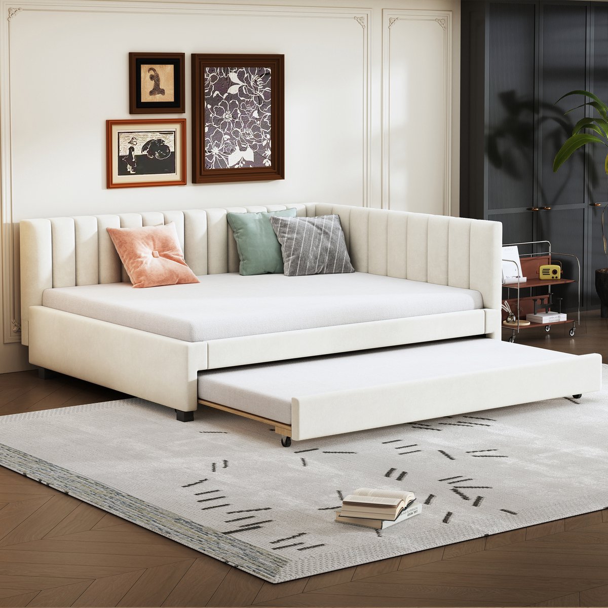 Gestoffeerde slaapbank met uitschuifbed 140x200 cm - multifunctioneel voor kinderkamer en logeerkamer - beige fluweel - 2-in-1 bank en tweepersoonsbed - lattenbodems inbegrepen