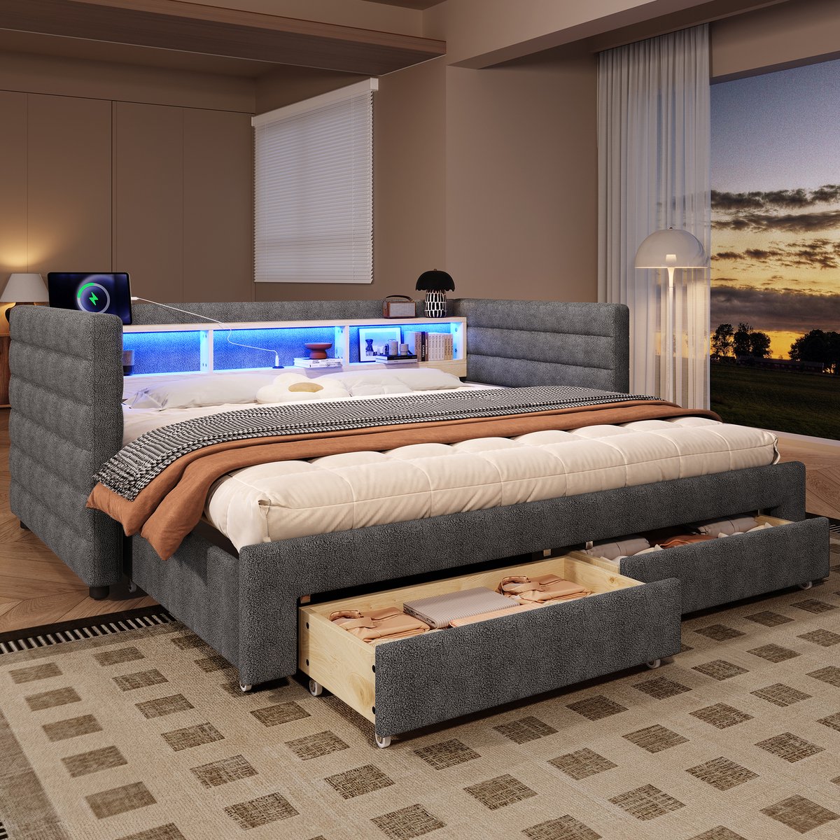 Uitschuifbaar dagbed 90/180x190 cm - Multifunctionele slaapbank met LED en USB-C - 1-2 personen - Grijs fluweel - 2 opberglades en opbergvakken - Stabiel MDF-frame