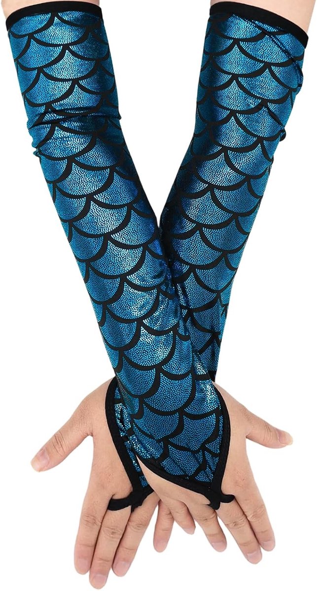 Vingerloze Zeemeermin Handschoenen met Schubbenpatroon voor Cosplay en Feestjes in Lichtblauw