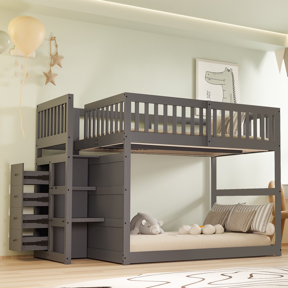 Laag stapelbed met opberglades en speelruimte - compact en veilig voor kinderkamer - 140x200 cm eenpersoons - grijs - hoge valbeveiliging en trap met 4 laden - massief grenenhout