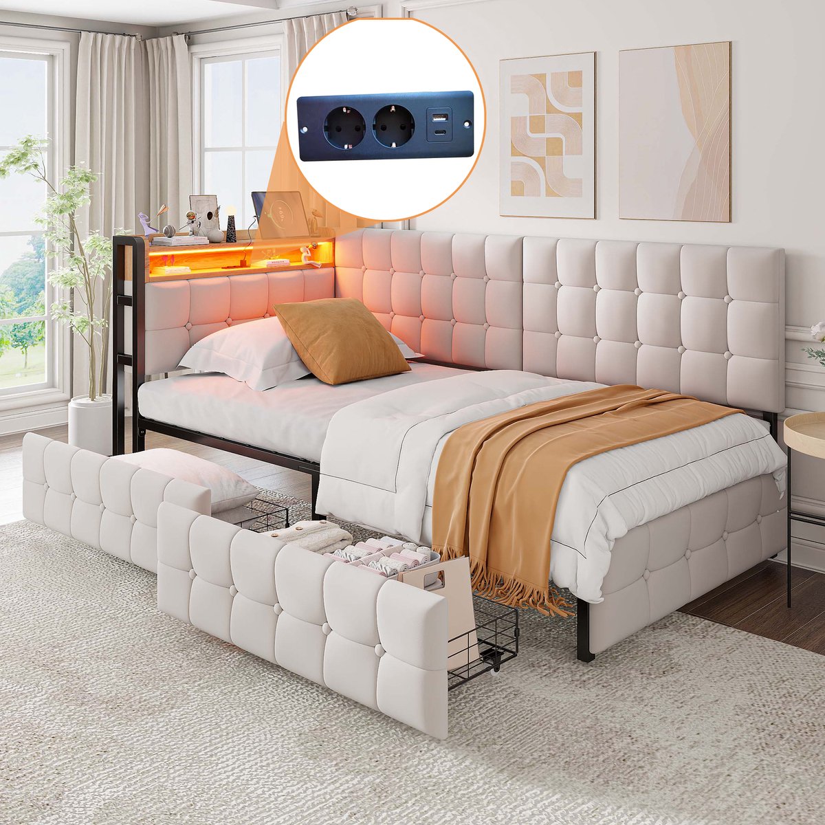 Gestoffeerd slaapbank bootbed met LED, USB-C en 2 laden - multifunctioneel kinderbed - 90x200 cm eenpersoons - beige - met oplaadpoorten en sfeerverlichting - stevig metalen frame