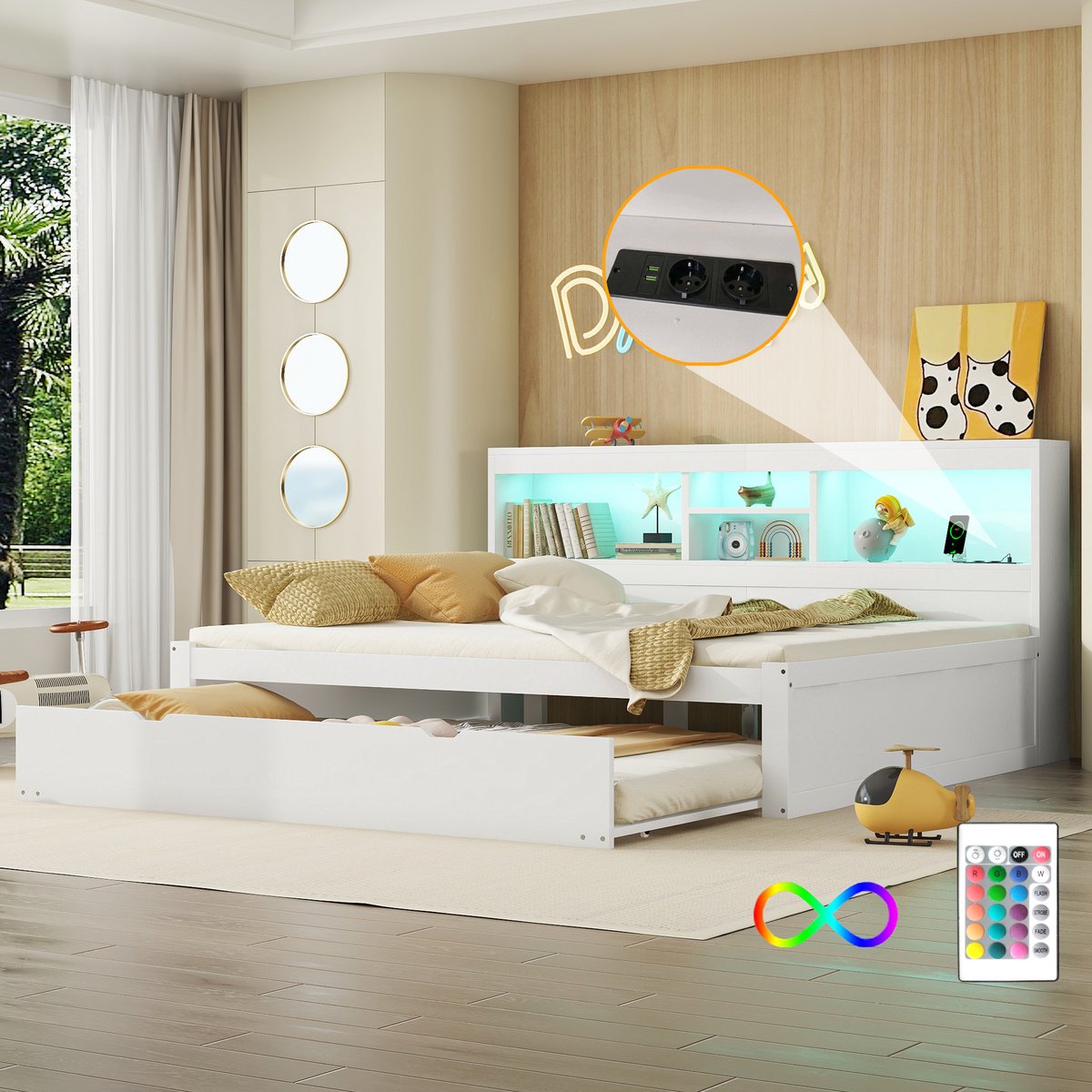 Dagbed met uitschuifbed, LED, USB en stopcontact - 140x200 cm tweepersoons plus 90x190 logeerbed - wit - sfeerverlichting en zijopbergvakken - stevig spaanplaat en MDF - eenvoudige montage