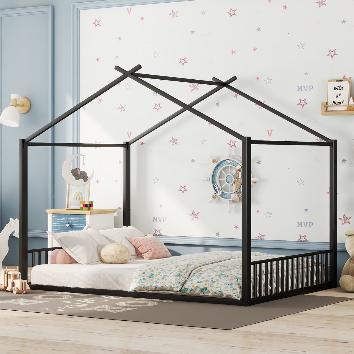 Huisvormig bed 140x200 cm - Stabiel metalen frame met dakontwerp - Zwart - Eenvoudig en modern design - Geschikt als kinder- of tienerbed