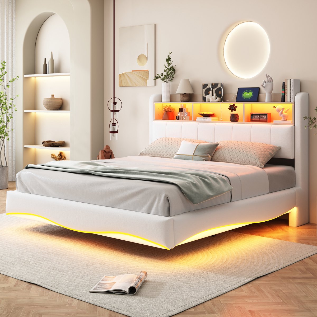 Gestoffeerd zwevend bed 160x200 cm met LED, USB-C en opbergvak - tweepersoons - beige linnen - snellaadpoorten en sfeerlicht - stabiel metalen frame - inclusief 12-delige lattenbodem