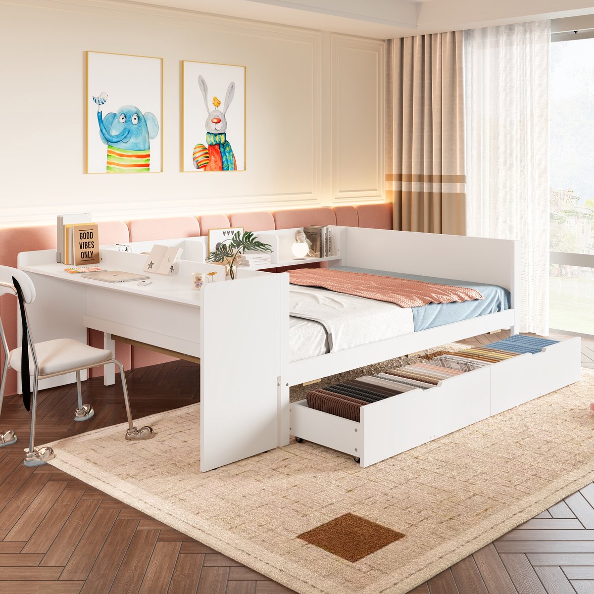 Bed met bureau en opberglades - compact voor kleine kamer - 140x200 cm tweepersoons - wit - 2 lades en 3 planken - grenen en spaanplaat frame - veilige zijpanelen voor kinderen