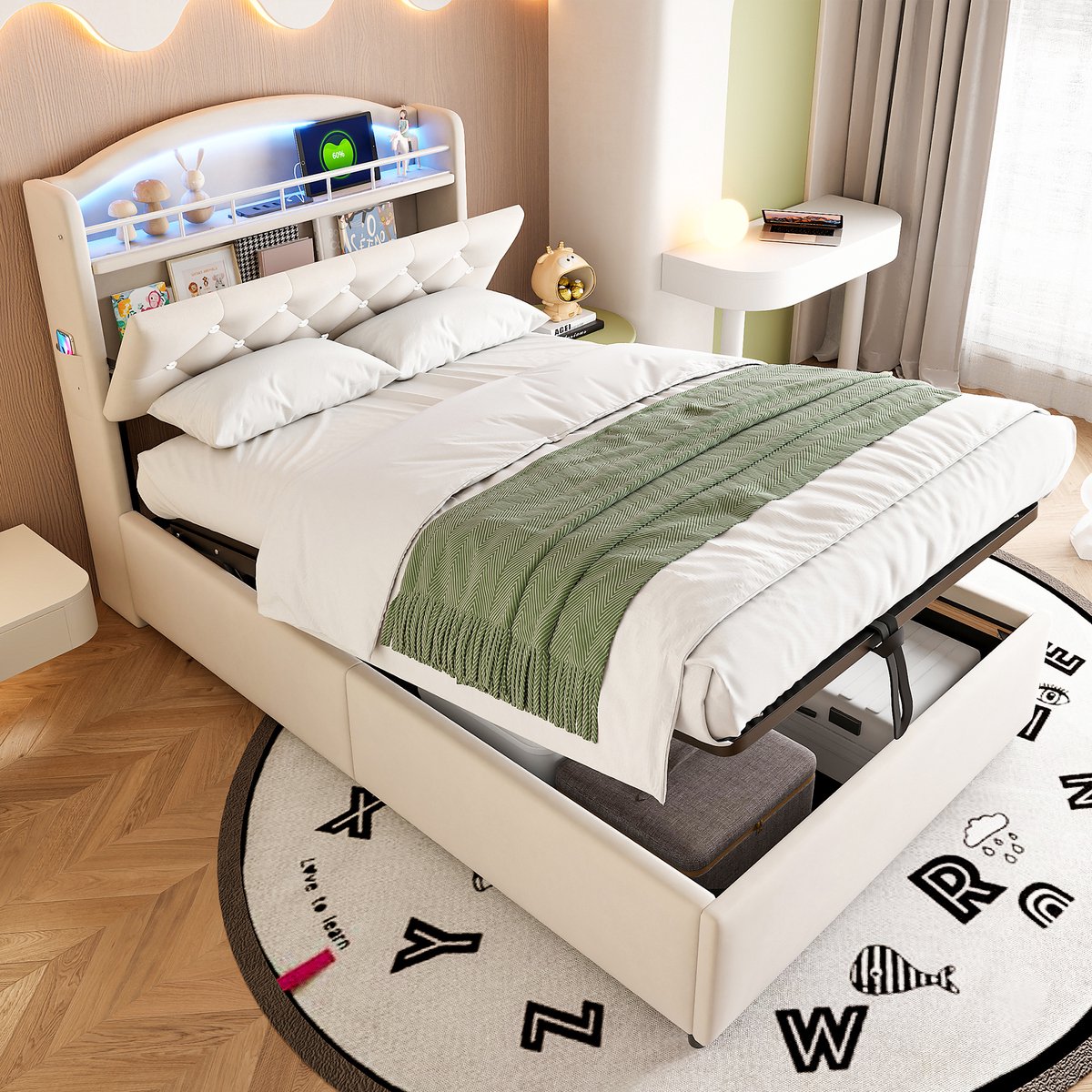 Gestoffeerd kinderbed met opbergsysteem en LED - 90x200 cm - 1 persoon - Beige - Pneumatisch bedbodem liftsysteem - 3x USB-A en 1x USB-C - Diamantknopen hoofdeinde met opbergvak