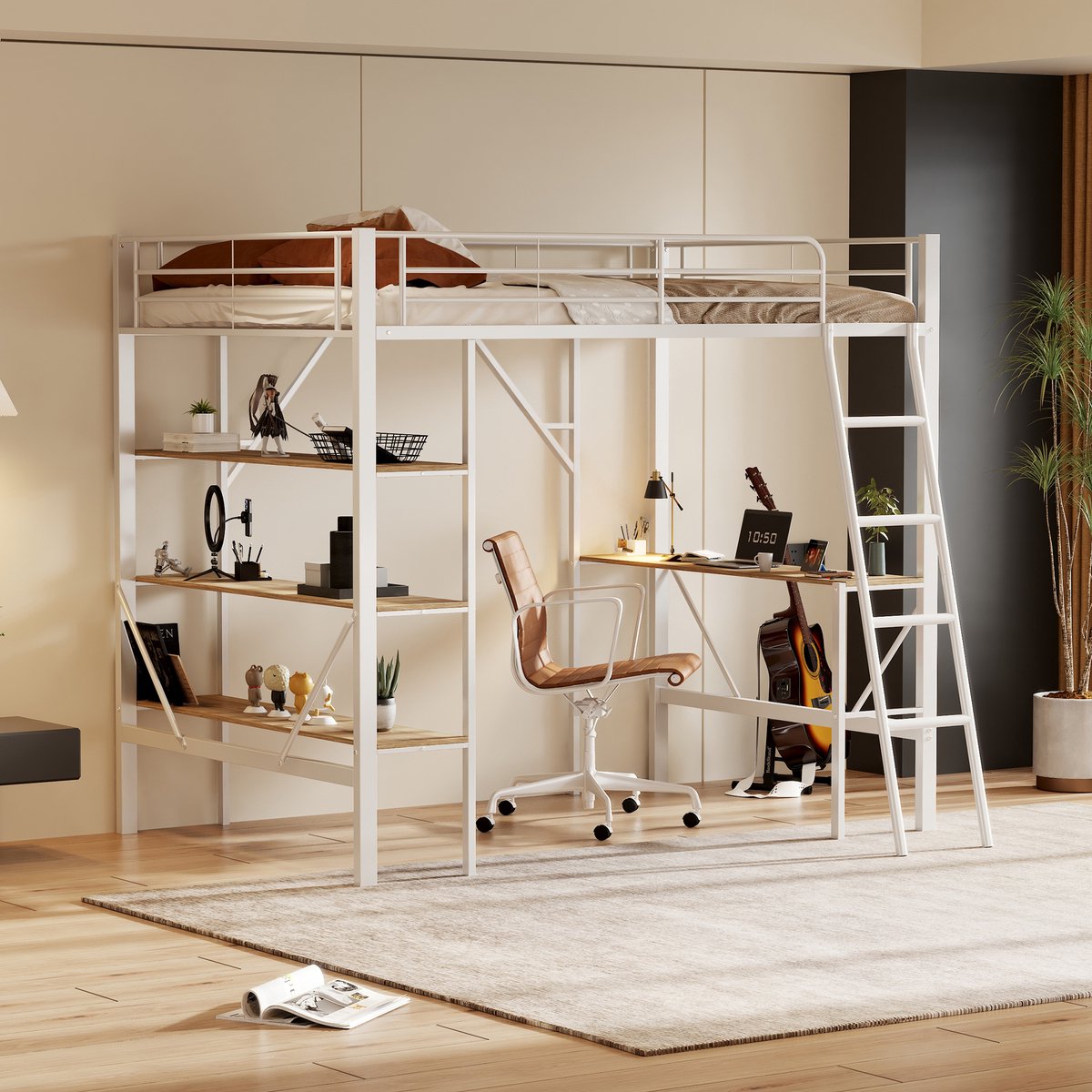 Metalen hoogbed 90x200 cm - Multifunctionele slaap- en werkplek met bureau en 3 planken - Wit - Veiligheidshek - Stalen frame tot 120 kg - Inclusief 24 latten - Geschikt voor kind tot volwassene