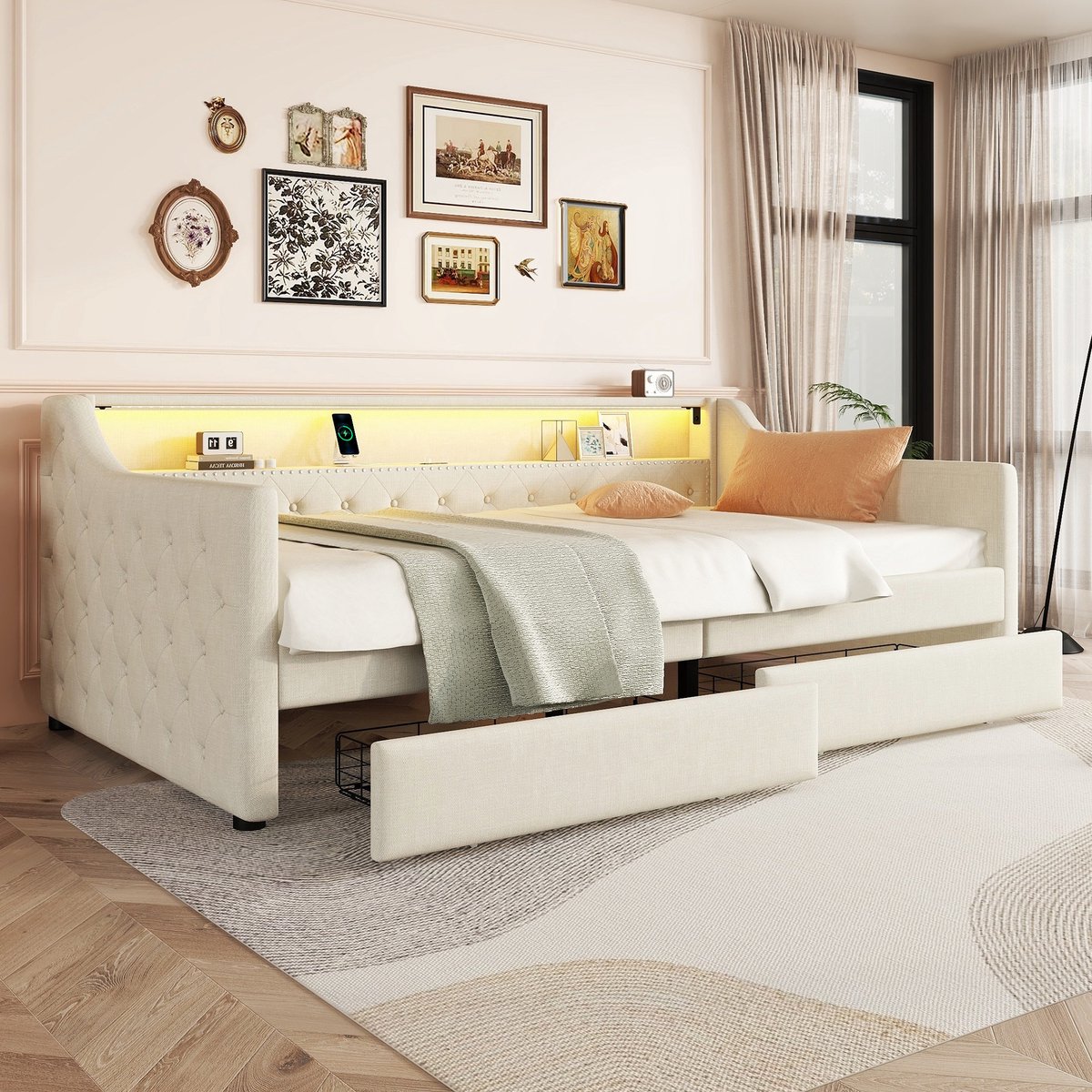 Dagbed slaapbank - Inclusief lattenbodem en twee laden - 90x200 cm - Beige linnen - LED sfeerverlichting met afstandsbediening - USB oplaadpoort