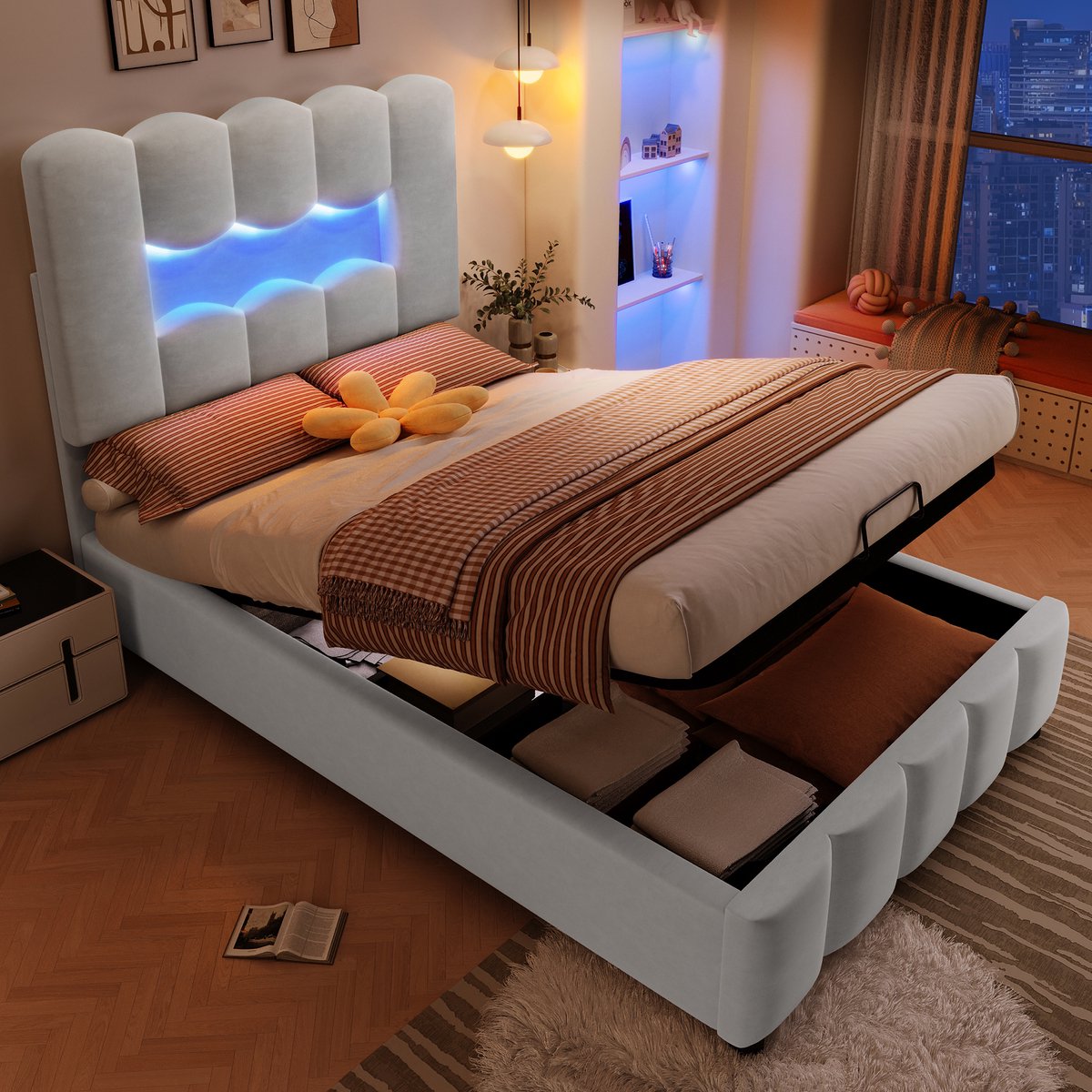 Gestoffeerd bed met hydraulische opbergruimte, LED en verstelbaar hoofdeinde - 90x200 cm eenpersoons - grijs fluweel - meerkleurige sfeerverlichting - stevige MDF constructie