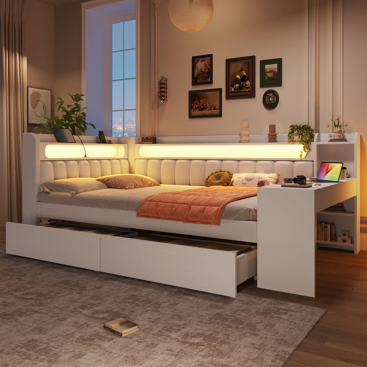 Dagbed met bureau en LED-verlichting - 140x200 cm - Wit linnen - Geïntegreerde werkplek en 2 opberglades - 7 kleuren LED-strip met USB-oplaadpoorten - Inclusief 12-delige lattenbodem