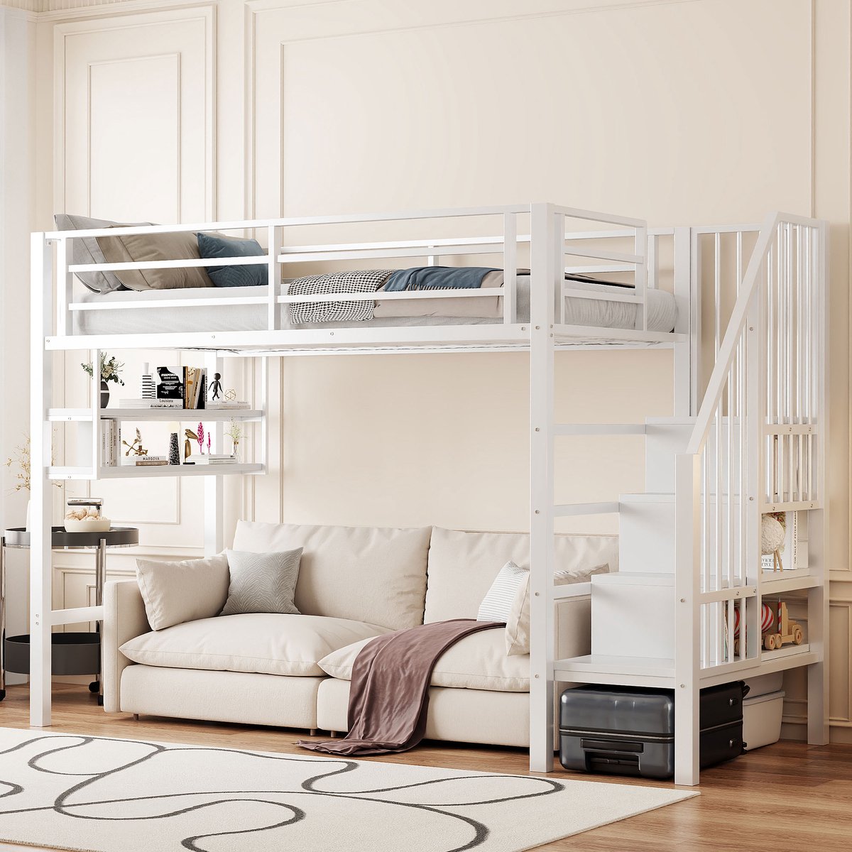 Hoogslaper met opbergtrap en legplanken - 90x200 cm eenpersoons - wit - vrije speelruimte onder het bed - stevige metalen constructie - inclusief valbeveiliging en lattenbodem