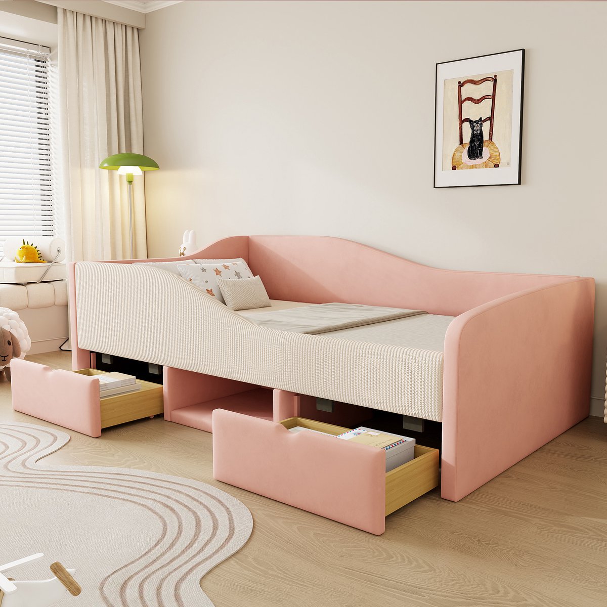 Gestoffeerd kinderbed met opberglades en veiligheidshekjes - 90x190 cm eenpersoons - Roze en crèmewit - Zachte fluwelen bekleding - Inclusief schoenenvak en open legplanken