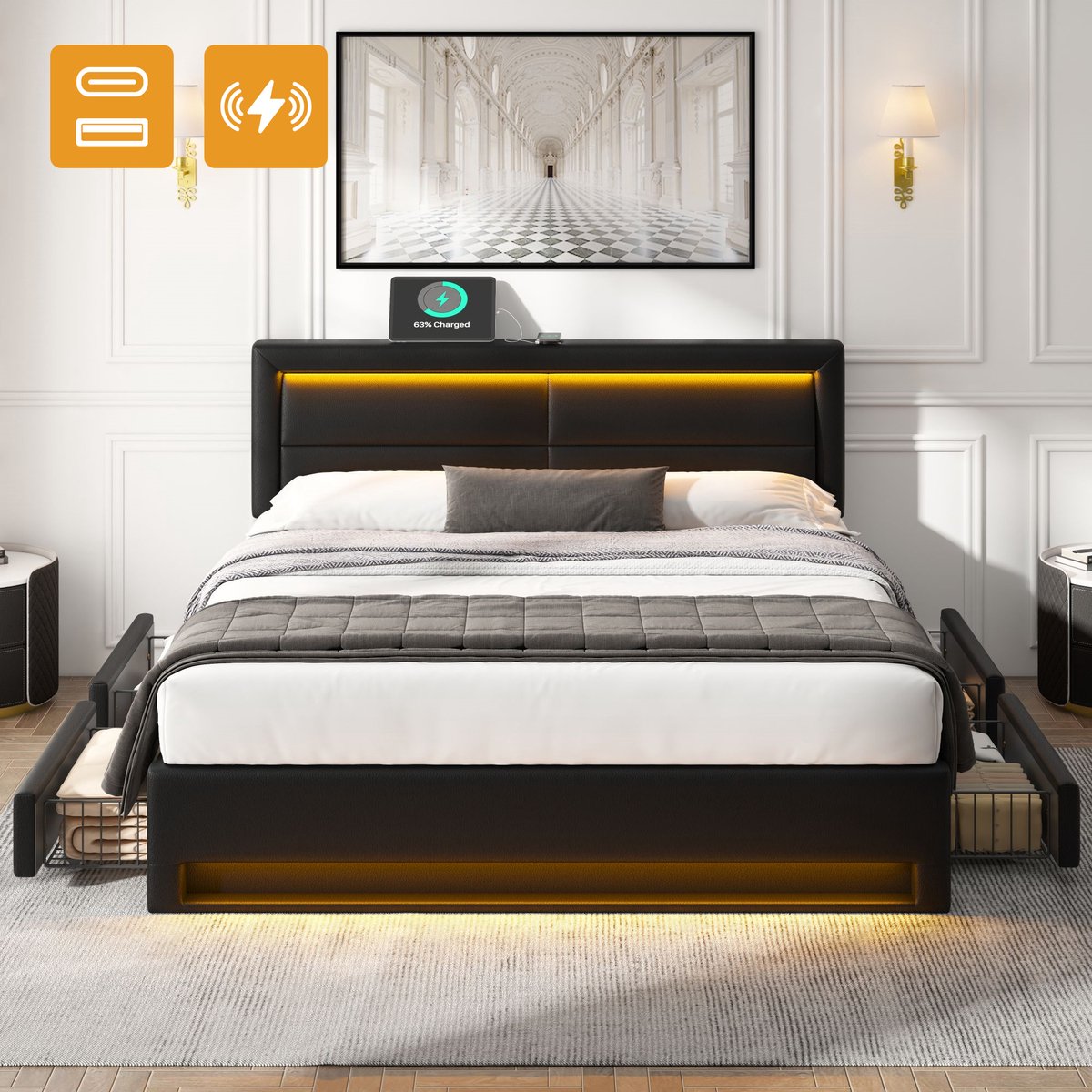 Gestoffeerd bed 140x200 cm - Multifunctioneel slaapcomfort met draadloos opladen - 2 personen - Zwart - 4 opberglades - 12-kleuren LED-verlichting - Stabiel tot 300 kg