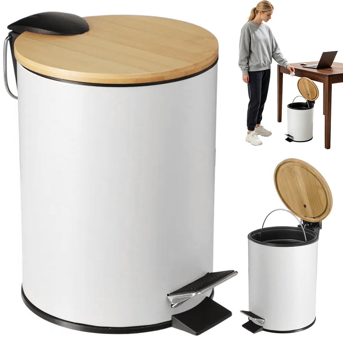 Kleine Pedaalemmer - Prullenbak 3L - Voetprullenbak - Ronde Prullenbak - RVS Behuizing & Bamboe Deksel - Geurdicht - Stille Sluiting - Uitneembare Binnenemmer - 16,8x23 cm - Voor Badkamer & Toilet & Kaptafel & Kleine Ruimtes - Wit