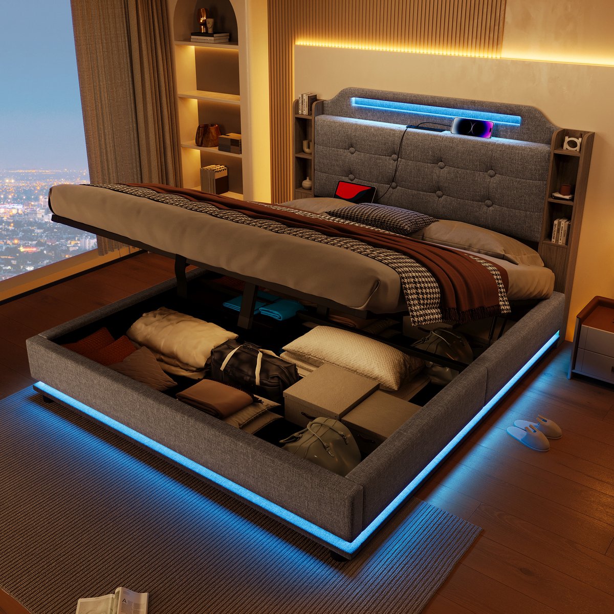 Gestoffeerd bed 140x200 cm - met LED, USB/Type-C en hydraulische opbergruimte - tweepersoons - grijs linnen - zonder hoofdbord - 3D blokdessin - meerdere opbergvakken aan de zijkant