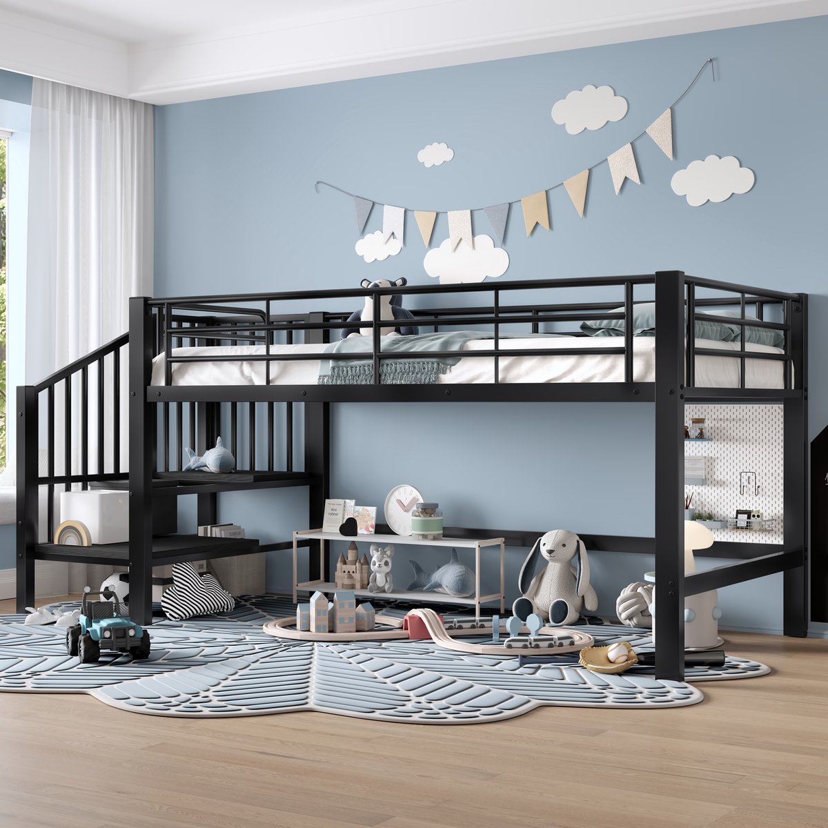 Halfhoog bed met opbergtrap - voor kinderkamer - 90x200 cm eenpersoons - zwart - stevig metalen frame - veilige lage slaaphoogte 79,5 cm - lattenbodem inbegrepen
