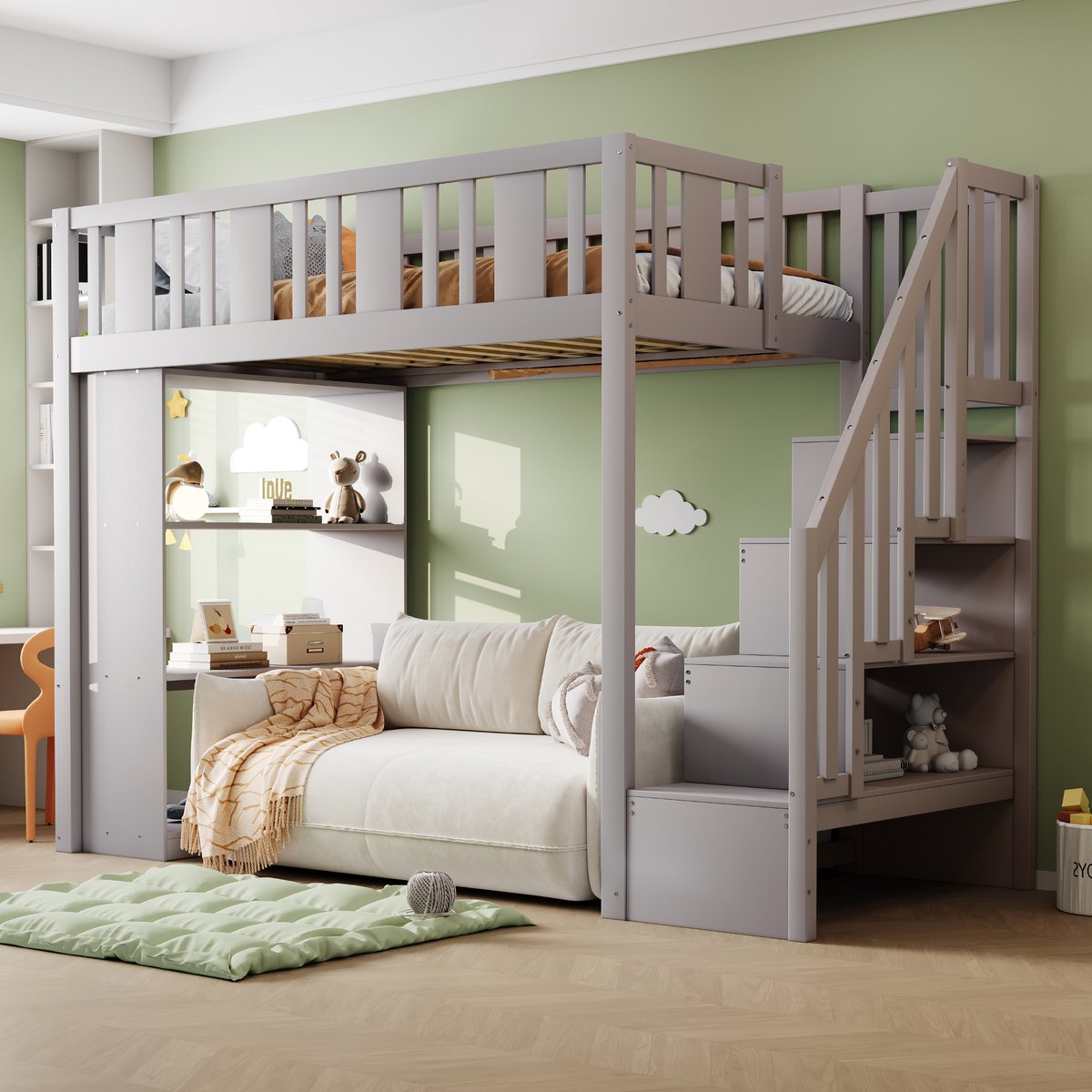 Kinderhoogbed met opbergtrap en 3 grote opbergvakken - voor kinderkamer en tienerkamer - 90x200 cm eenpersoons - grijs - massief grenen frame - hoog veiligheidsrek - stevige lattenbodem inbegrepen