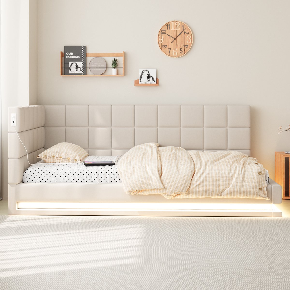 Gestoffeerde slaapbank - 2-in-1 bank en bed - eenpersoons 90x200 cm - beige linnen - LED-verlichting met muziekmodus - USB-oplaadpoort - lattenbodem inbegrepen