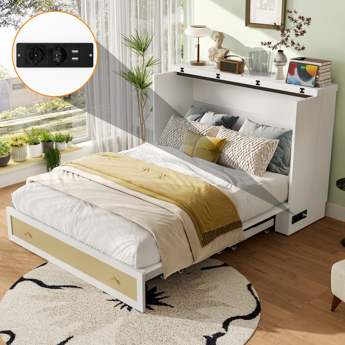 Opklapbaar kastbed - transformeerbaar tot kast met opbergruimte - 140x200 cm - Wit - Opberglades en USB/stopcontact aan voeteneinde - Legplank aan hoofdeinde - Ruimtebesparend