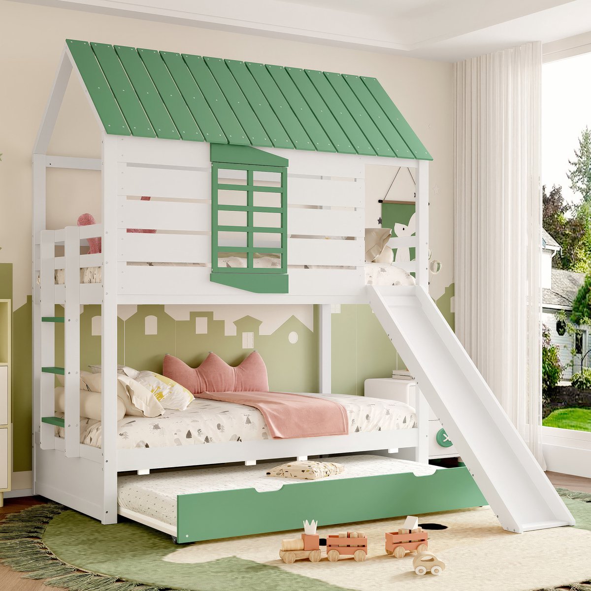 Huis-stapelbed met glijbaan, uitschuifbed en raam - 90x200 cm - Wit+Groen - Massief grenen - Veiligheidshek - Inclusief lattenbodem