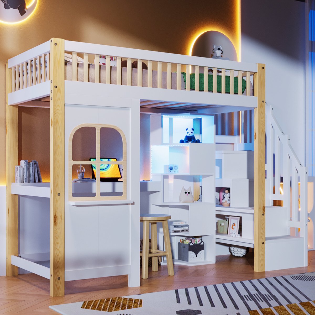 Hoogslaper met bureau en raamdesign - 90x200 cm eenpersoons - Wit en natuur - Geïntegreerd bureau met stopcontact en LED-verlichting - Opbergtrap met lades en open legplanken - Veiligheidsreling rondom