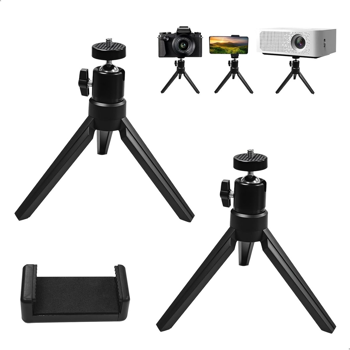 Verstelbare tripod voor projectoren en camera's, geschikt voor smartphones, met mobiele telefoonhouder en 2 stappen voor optimale stabiliteit.