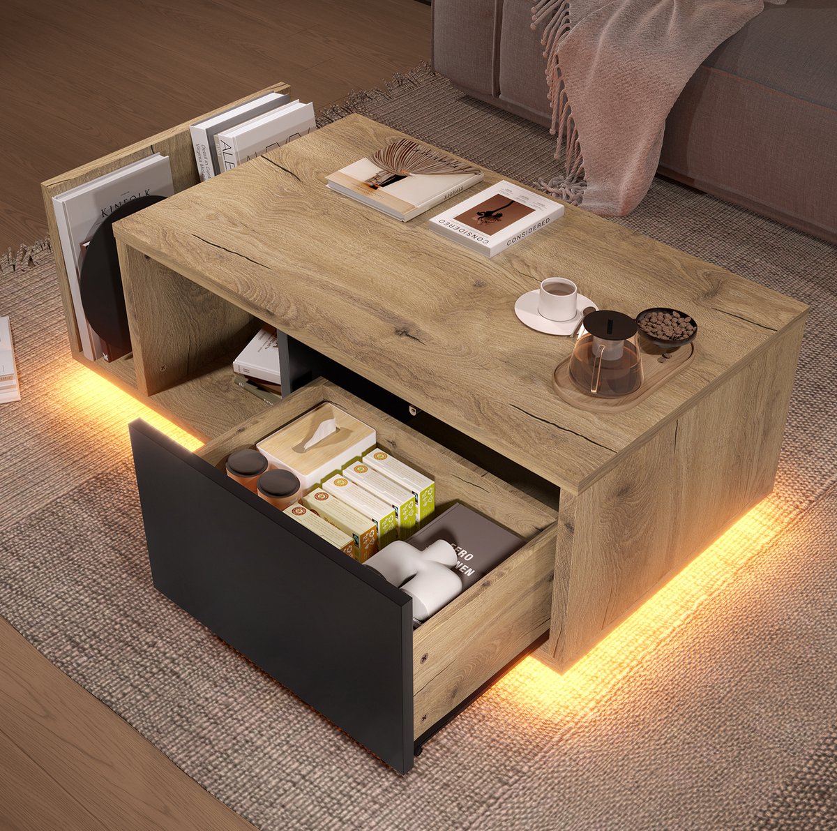 Wishdor Dressoir - Met LED-verlichting en opberglade - Open vak en verdeelde lade - Retro design - Woonkamer slaapkamer - Bewerkt hout en metaal - Naturel - 99,5 x 53 x 38 cm