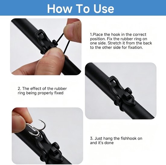 Vishaakhouders van kunststof, zwart, 10 stuks, duurzame aashouders met rubberen ring voor veilige grip, praktische visaccessoires voor vishengelbescherming en compatibiliteit met diverse vishaken — afbeelding 4