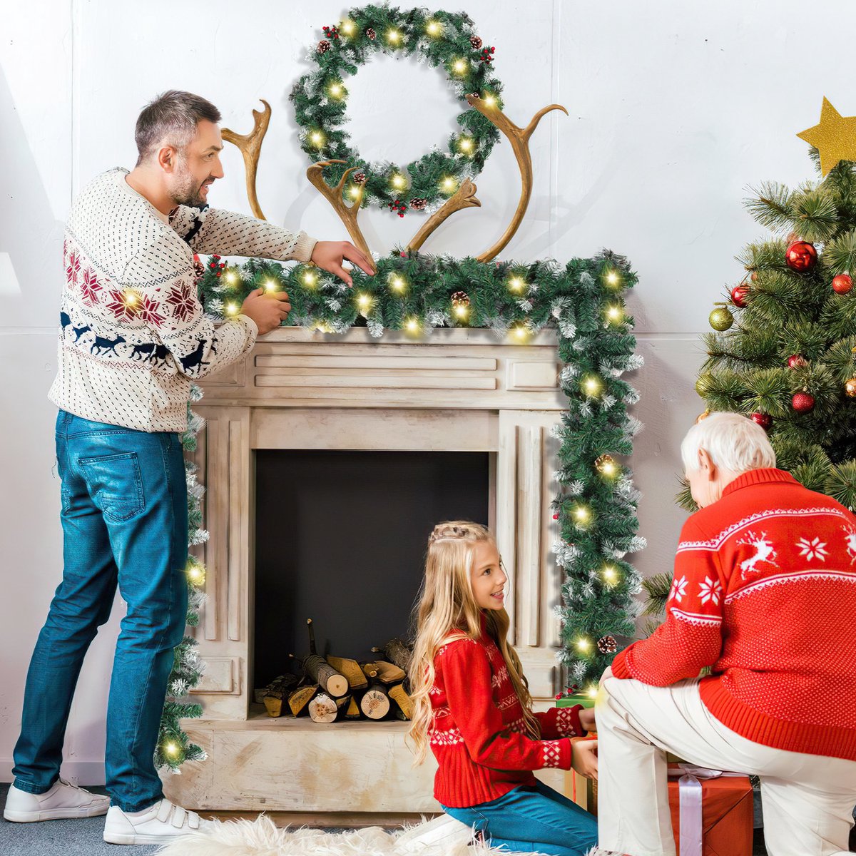 Kunstmatige kerstguirlande, 2.7 m, 50 warmwitte LED-verlichting, met kerstballen, sneeuwvlokken en strikken, USB-voeding, op batterijen - voor binn... – foto 8