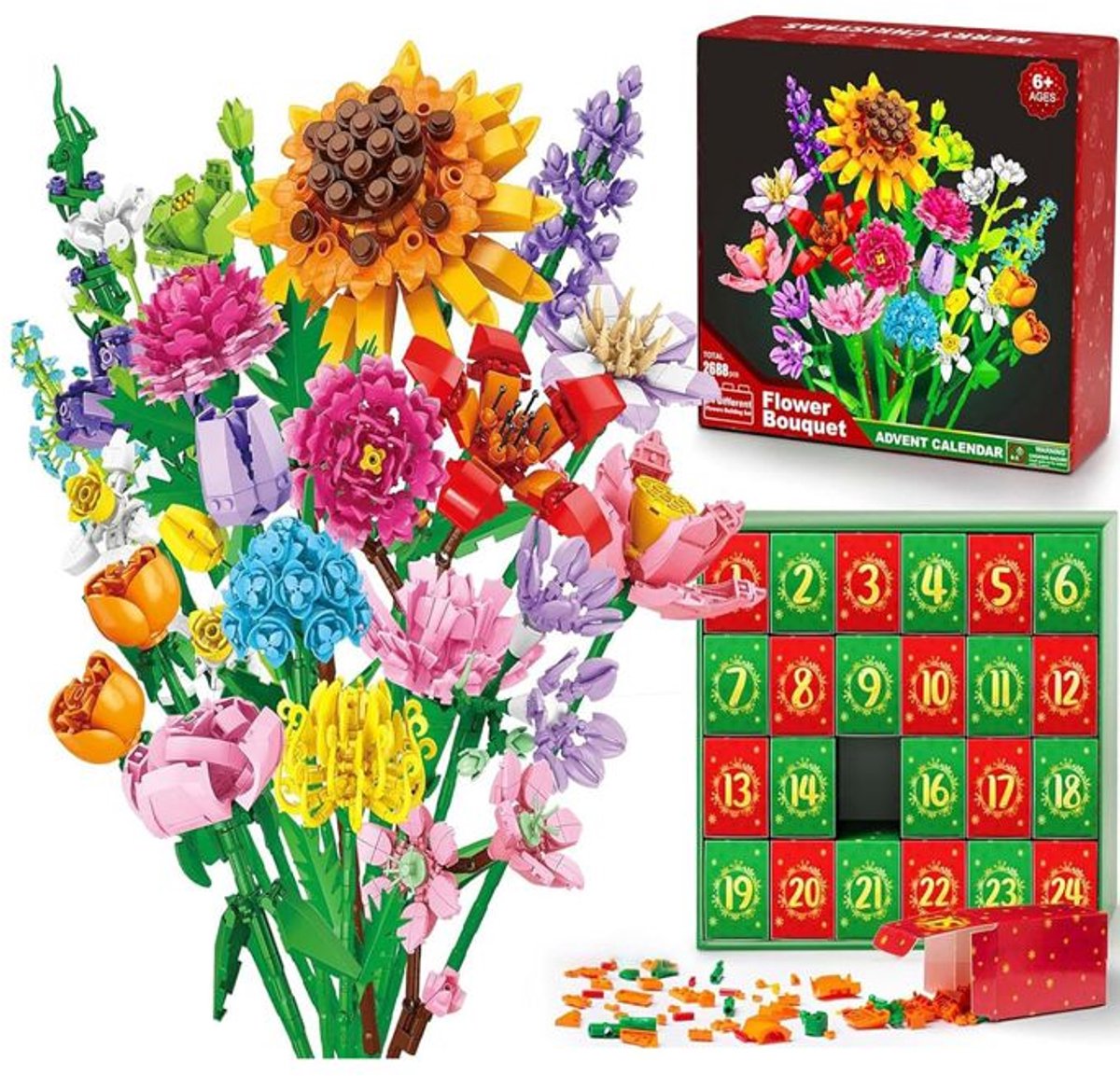 VONKELIOS® 24‑Days Flower Bouquet Building Blocks | 2026 Christmas Advent Calendar, Sunflower Countdown Decoration