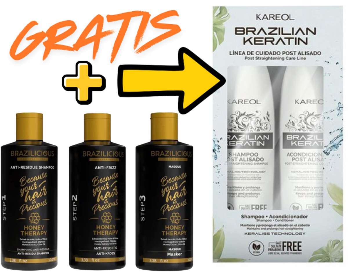 BRAZILICIOUS Honey Therapy Keratine 3 x 100ml + GRATIS 2 x 300ml Shampoo & Conditioner