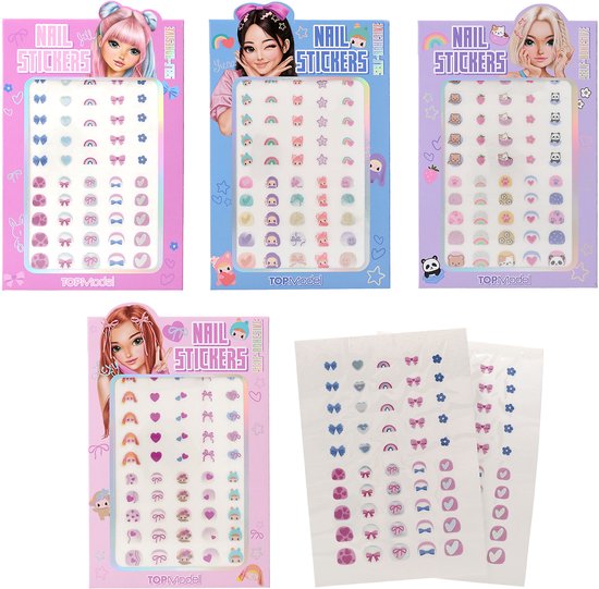 Set van vier verschillende TOPModel nagelstickerpakketten met diverse schattige iconen en thema's.