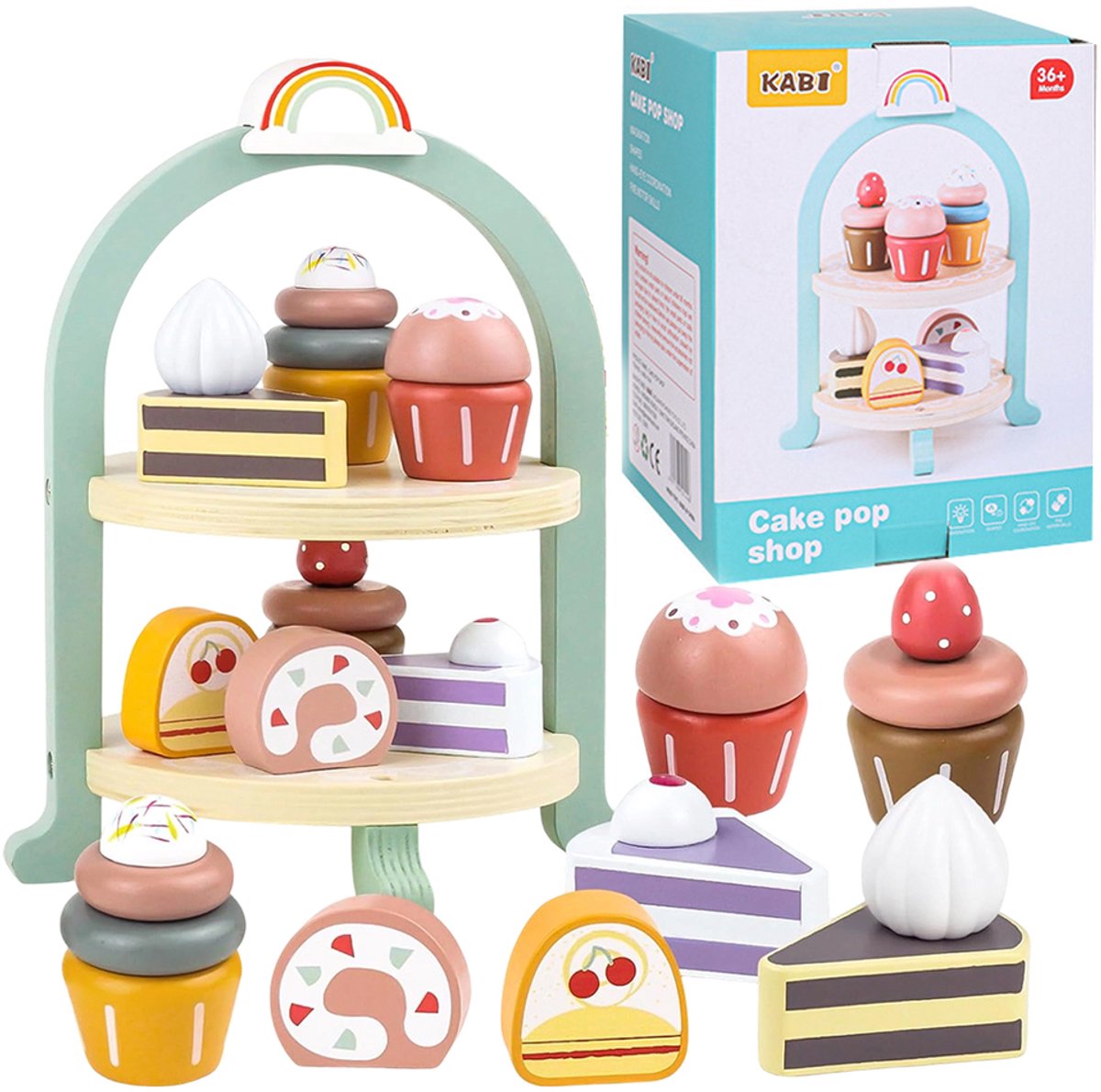 Houten Taartset Kinderen - High Tea Speelset - 7 Houten Gebakjes - Blauwe Taartstandaard - Verf op Waterbasis - Afgeronde Randen - Voor Speelkeuken, Bakkerij Rollenspel en Fantasiespel