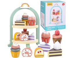 Houten Taartset Kinderen - High Tea Speelset - 7 Houten Gebakjes - Blauwe Taartstandaard - Verf op Waterbasis - Afgeronde Randen - Voor Speelkeuken, Bakkerij Rollenspel en Fantasiespel