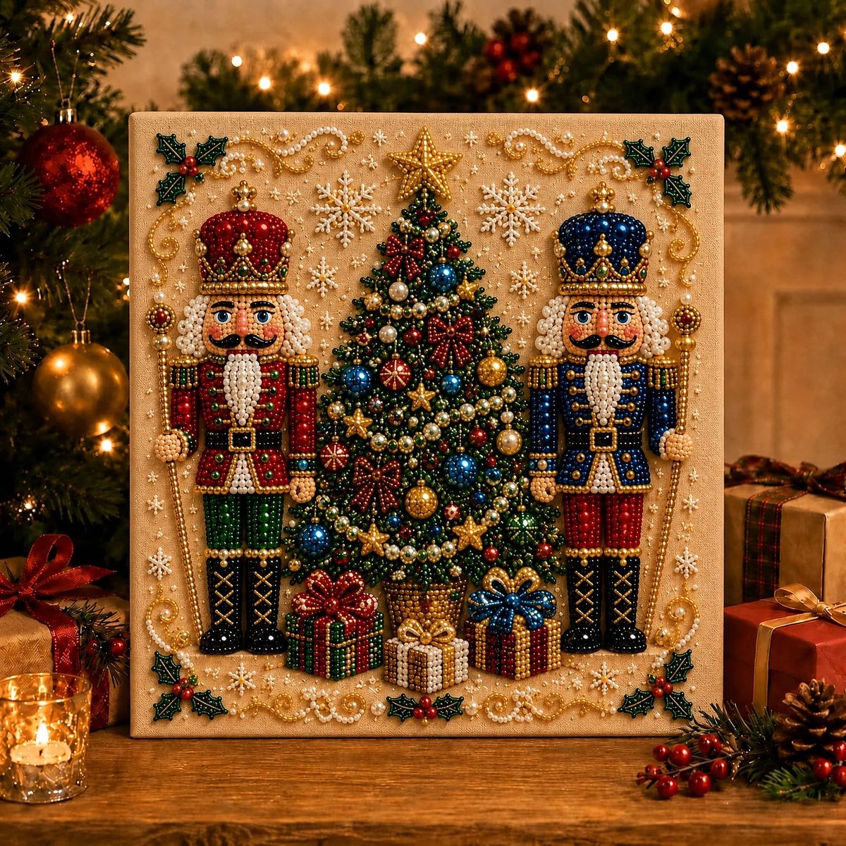 Casalora 3D DIY Kerst Dubbele Notenkraker Parel Diamantschilderij Kunstpakket voos Volwassenen & Beginners - 20 x 20 cm