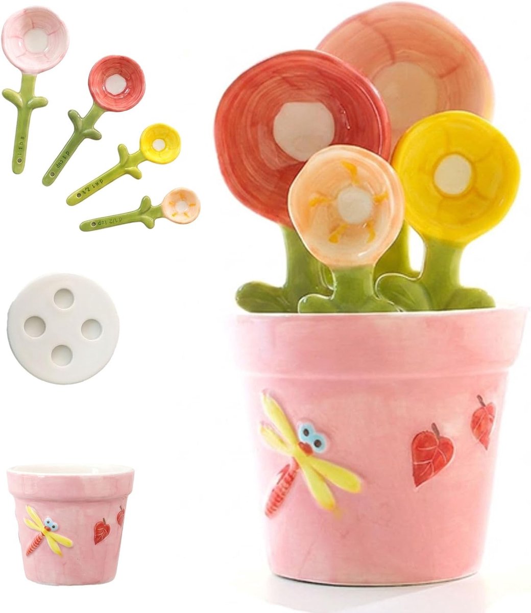 4-delige keramische maatlepelset en maatbekers, schattige bloempot maatlepels voor nauwkeurig meten - stapelbare doseerlepels voor bakken en koken, droge en vloeibare ingrediënten (roze)