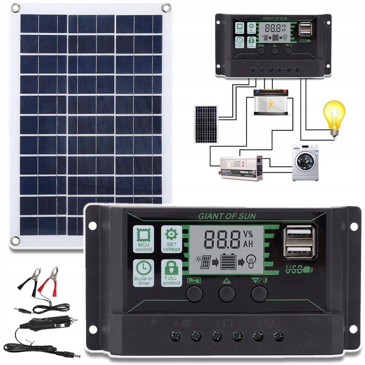 Draagbare 20W Zonnepanelenset Met 100A Controller - USB 2A & DC 1.1A Uitgang IP65 Waterdicht Hoge Conversiesnelheid - Voor Camper, Caravan, Boot, Camping En Stroomvoorziening Buitenshuis